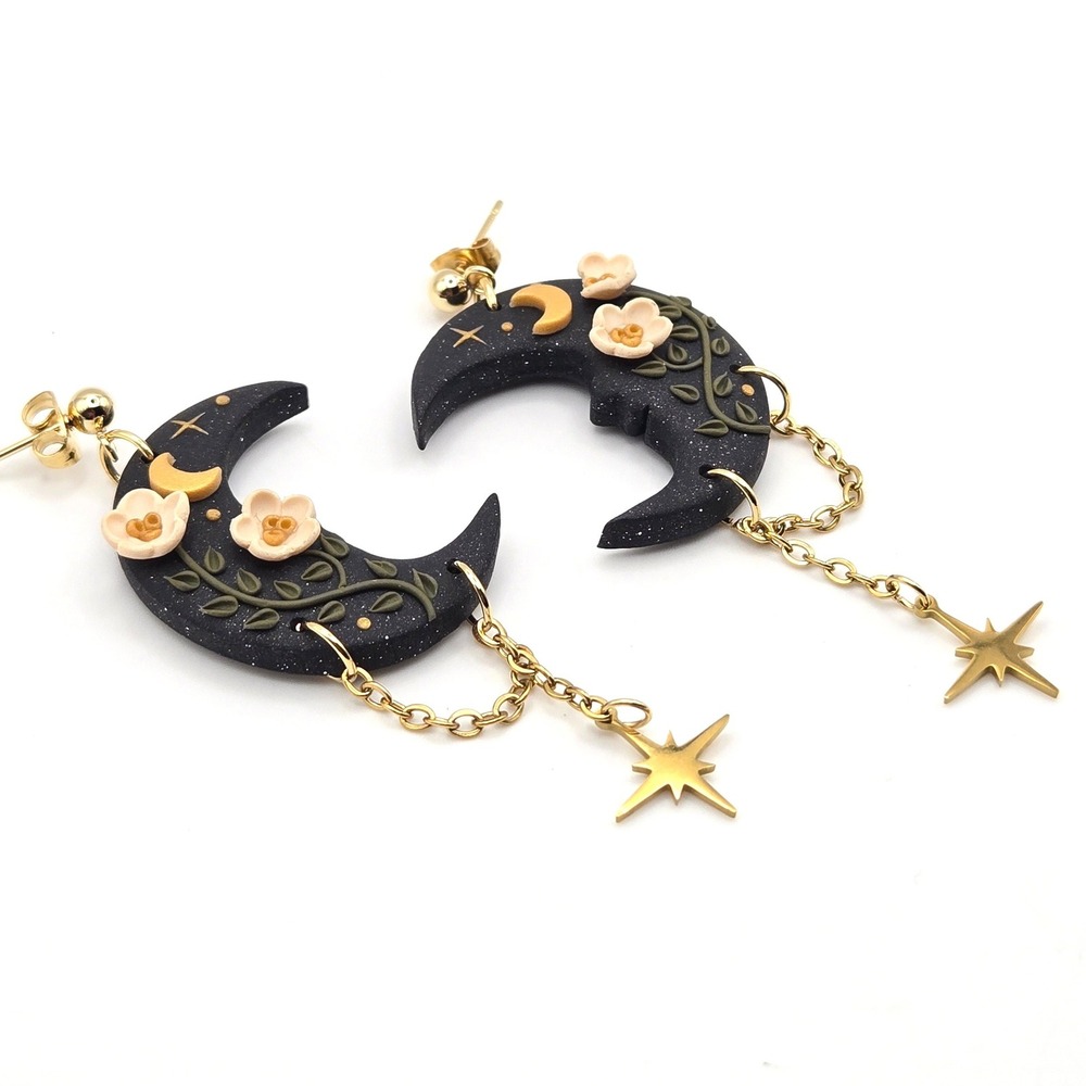 Handmade Dark Forest Crescent Moon Flower Star Dangle Earrings Black Gold Tone - Picture 4 of 8